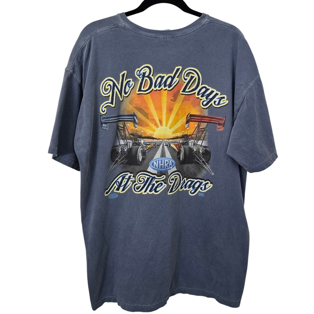 Vintage NHRA Drag Racing T-Shirt Mens XL Pocket Tee No Bad Days Faded Blue Y2K